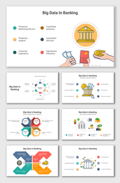 Visual guide to big data in banking, showcasing predictive marketing, automated services, and fraud detection.