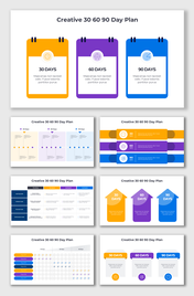Structured 30-60-90 day plan design with segmented goals in bright colors for tracking progress over time.