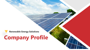 Renewable energy profile slides showcasing company history, customer base, leadership, and innovative energy solutions.