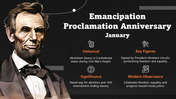 Abraham Lincoln portrait with text placeholders, modern design icons, and infographic elements on a dark background.
