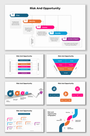 Risk and Opportunity infographic with colorful steps and process flow diagrams for decision-making, strategy planning.