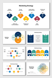 Marketing Strategy visuals with icons, process steps, Venn diagrams, buyer personas, and brand messaging flow.