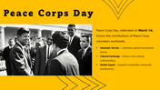 Peace Corps Day slide featuring a historic JFK image, yellow background, bold text, and key points on volunteer service.