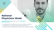 National Physicians Week slide with a doctor using a stethoscope, gradient design, bold text, and appreciation message.
