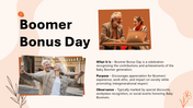 Boomer Bonus Day slide with senior professionals, celebrating Baby Boomers' contributions, achievements, and workplace.