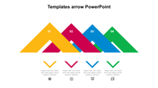 Colorful arrow shaped PowerPoint template with four numbered steps in yellow, red, blue, and green with icons and text.