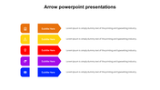 Business workflow infographic with five color-coded arrows aligned with icons and text placeholders for sequential steps.