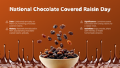 National Chocolate Covered Raisin Day with floating raisins, wooden bowl, dripping chocolate and text on history significate