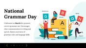 National Grammar Day slide with books, letters, and students learning grammar rules, tenses, idioms, and sentence structure.