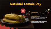 National Tamale Day slide with tamales on a plate, cultural significance festive icons and yellow-highlighted text on a dark