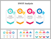 Slide deck displaying SWOT analysis in various layout with teal, orange, pink, and blue visuals and text.