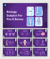 Biology Subject For Pre-K Bones Presentation with purple slides, bone facts, skeleton games, brain, spine & fun learning.