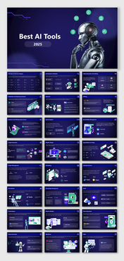 The Best AI Tools In 2025 slides featuring AI chatbots, automation, writing, design, coding, marketing & productivity.