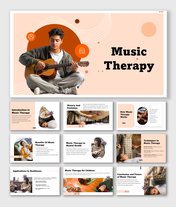 Music Therapy presentation with soft peach tones, guitar player, healing methods, child therapy, and health benefits.