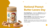 National Peanut Butter Lovers Day slide with cartoon jar, peanuts, toast, fun facts, and yellow design background.