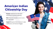 American Indian Citizenship Day slide with girl holding US flags, stars background, highlights Native rights and June 2.