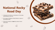 National Rocky Road Day slide with chocolate bars, marshmallows, nuts, dessert icons, bold brown title, and soft layout.