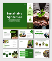 Sustainable Agriculture slide deck with green tones, eco-farming icons, crop visuals, stats, and global success stories.