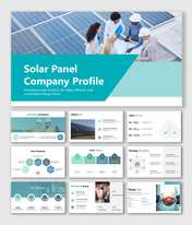 Solar Panel Company Profile slide with rooftop team, teal theme, products, services, strategy, and market insights.