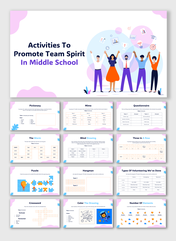 Activities To Promote Team Spirit In Middle School with games, colorful icons, team tasks, scoreboards, and drawings.
