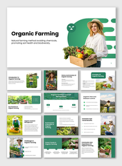 Organic Farming slides with green-white theme, farmer images, crop visuals, charts, and icons for practices and benefits.