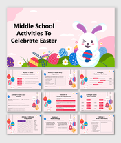 Middle School Activities To Celebrate Easter with bunny, eggs, pink theme, and fun tasks like puzzles and writing.