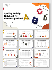 Spelling Activity Notebook For Elementary School with letter games, word puzzles, and sentence-building tasks.