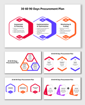 30 60 90 Days Procurement Plan slides with red, blue, orange shapes showing planning, implementation, and scaling phases.