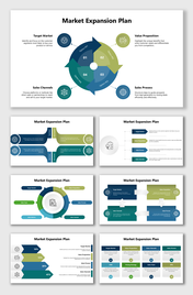 Market Expansion Plan slides with green-blue arrows, icons, and steps covering sales, target market, and value proposition.