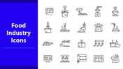 Food Industry Icons in line style showing food processing, bottling, packaging, weighing, and automation tools.