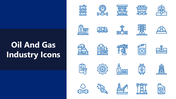 Oil And Gas Industry Icons in blue outline showing rigs, refineries, fuel pumps, pipelines, tanks, and safety gear.