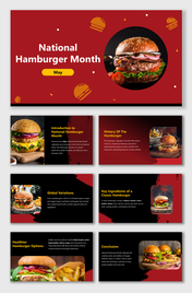 National Hamburger Month slides with red theme, real burger images, fun facts, history, global styles, and healthy options.