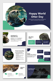 Happy World Otter Day slides with otter images, navy-green wave shapes, and text on conservation, threats, and global efforts