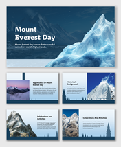 Mount Everest Day slides with blue icy peaks, summit tribute, history, celebrations, and global mountain event highlights.