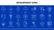 Development Icons set showing laptop, cloud, chat, gear, and mobile tools in white on a blue background.