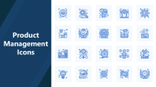 Product Management Icons with 20 blue visuals for planning, finance, strategy, delivery, and performance.