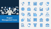 Project Management Icons set featuring charts, graphs, money, documents, gears, tasks, and planning tools.
