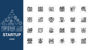 Startup Icons in line style with rocket, lightbulb, growth chart, funding, target, and business desk symbols.
