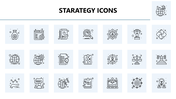 Strategy Icons set with money, target, puzzle, checklist, rocket, trophy, gears, global growth in line art.