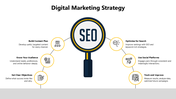 Yellow magnifying glass in center with SEO label, connected to Six circular icons on a semi circular layout.