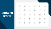Growth Icons slide with 30 line icons showing success, charts, plants, ideas, and arrows on a white-blue layout.