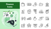 Finance Icons slide with 24 line icons of money, savings, charts, and banking on a white and green themed layout.