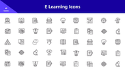 E Learning Icons slide with 45 line icons of books, courses, tools, diplomas, and ideas on a white and purple layout.