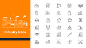 Industrial Icons with factory, tools, energy, and machinery symbols on an orange and white slide layout.