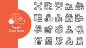 Supply Chain Icons with global shipping, warehouse, delivery, and tracking symbols on red and white layout.