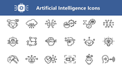 Artificial Intelligence Icons with brains, chatbots, cloud, and tech lines on a white slide with blue header.