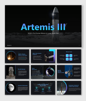 Artemis III slides show NASA lunar rocket, mission goals, astronauts, SLS, Orion, SpaceX lander, and moon science.