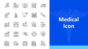 Medical Icon set with stethoscope, hospital, syringe, and lab tools on blue-white themed presentation slide.