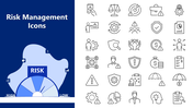 Risk Management Icons with alerts, shields, reports, and a blue risk meter showing low to high levels.