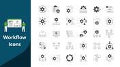 Workflow Icons showing gears, flowcharts, users, tasks, with dark blue panel and two figures near flowboard.